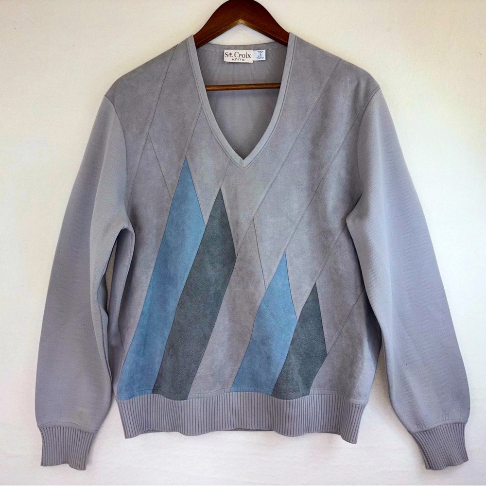 VINTAGE ST. CROIX Men's Suede Wool Sweater Grandpa V Neck Grey Knits 70s Large‎
